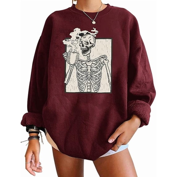Meladyan Halloween Skull Graphic Print Fleece Oversized Sweatshirt Crewneck Long Sleeve Drop Shoulder Pullover