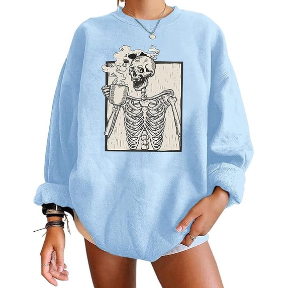 Meladyan Halloween Skull Graphic Print Fleece Oversized Sweatshirt Crewneck Long Sleeve Drop Shoulder Pullover