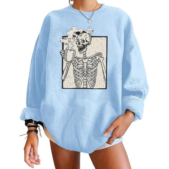 Meladyan Halloween Skull Graphic Print Fleece Oversized Sweatshirt Crewneck Long Sleeve Drop Shoulder Pullover