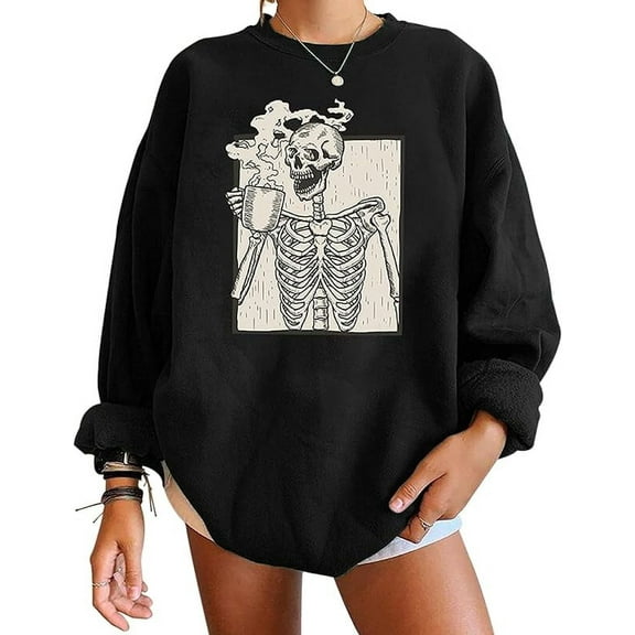 Meladyan Halloween Skull Graphic Print Fleece Oversized Sweatshirt Crewneck Long Sleeve Drop Shoulder Pullover