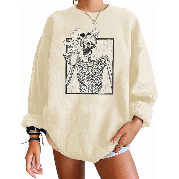 Meladyan Halloween Skull Graphic Print Fleece Oversized Sweatshirt Crewneck Long Sleeve Drop Shoulder Pullover