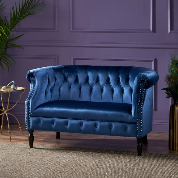 Melaina Tufted Chesterfield Velvet Loveseat with Scrolled Arms, Navy Blue and Dark Brown