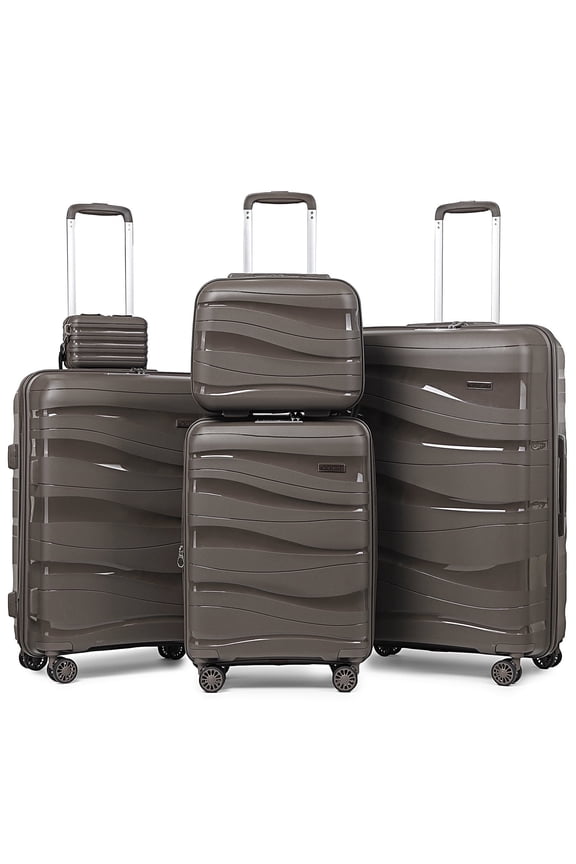 5-Piece Luggage Set PP Hardshell Spinner Suitcase with TSA Lock - (Expandable Carry-On 20 Inch) (24 Inch 28 Inch) for School, Travel, Weekend-Brown