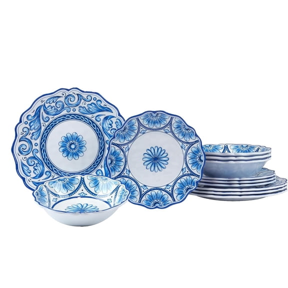Melamine 12-Piece Dinnerware Set, Service for 4 Includes Dinner Plates, Salad Plates, and Bowls Elegant Blue and White for Everyday Use, Indoor/Outdoor Dining, and Entertaining