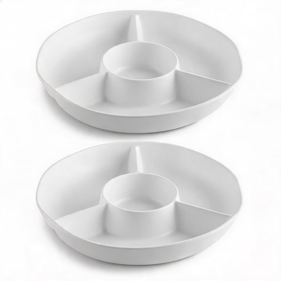 Melamine Chip and Dip Serving Platter 13 Inch Round Divided Tray Set of 2 White