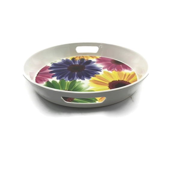 Melamine Circular Serving Tray for Drinks, Fresh Fruits, Ice cream bowls, Round Plastic Trays with Modern Attractive Designs Excellent Quality 13"/15"+ Free Serving Spoon (Flower-13")