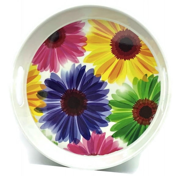 Melamine Circular Serving Tray for Drinks, Fresh Fruits, Ice cream bowls, Round Plastic Trays with Modern Attractive Designs Excellent Quality 15" (Flower-15")