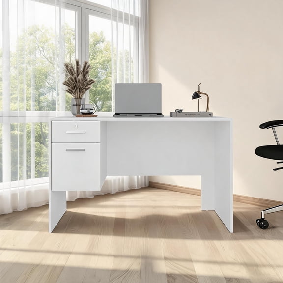 Melamine Coated Engineered Particle Board White Finish Computer Desk for Home Office, Modern Rectangular Design