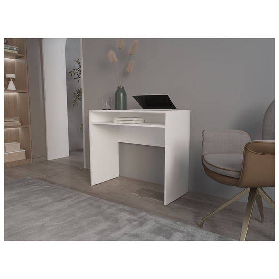 Melamine Desk with Storage - 35.1" Wide Computer Desk - White Office Desk - Keyboard & Book Space - Home Office Desk