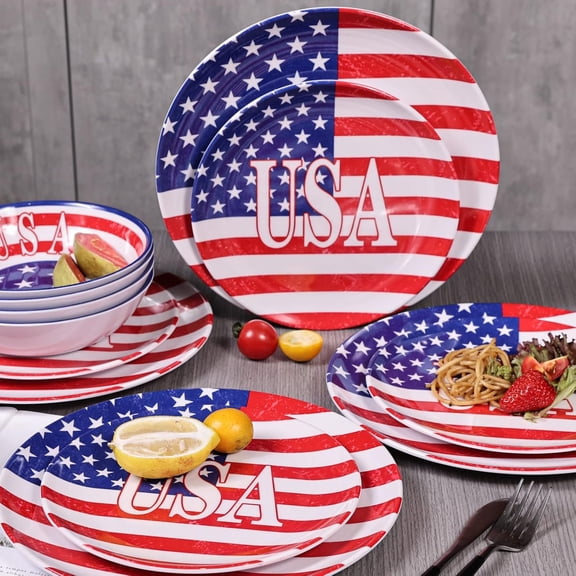 Melamine Dinnerware Set 12 Pcs American Flag Pattern Plates Bowls for 4th July Party Outdoor Dining