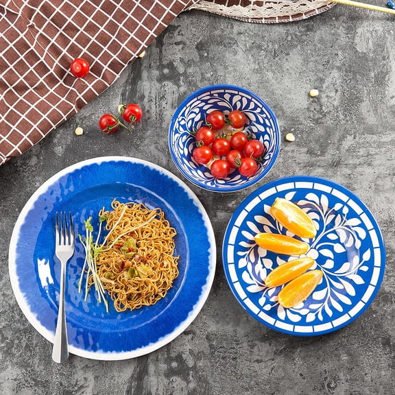Melamine Dinnerware Set - 12 Pcs Dinner Dishes Set for 4, Plates and Bowls Set for Indoor & Outdoor Use- Dishwasher Safe, , Blue