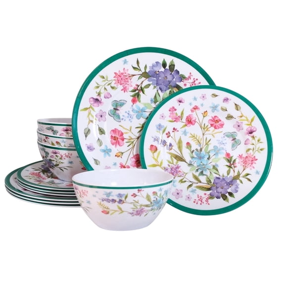 Zayton 12-Piece Floral Melamine Dinnerware Set Service for 4 Unbreakable Lightweight Dishes for Indoor Outdoor Camping Picnic Parties