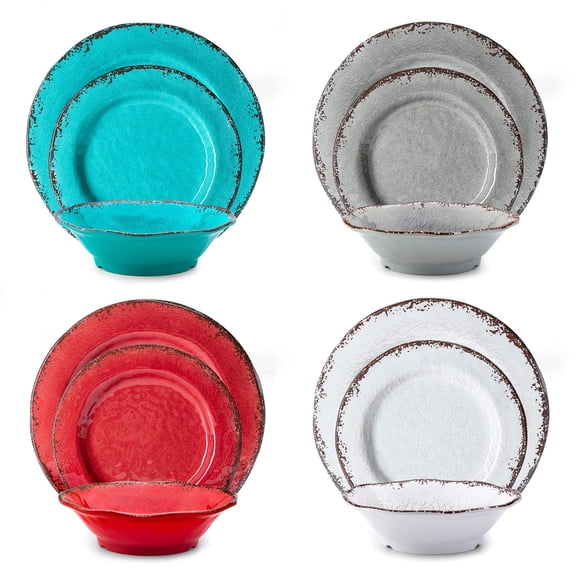 Melamine Dinnerware Set, 12-Piece Dishes Set, Rustic Plates and Bowls Sets, Service for 4, Indoor Outdoor Use, Great for Patio, Camping, RVs (Green)