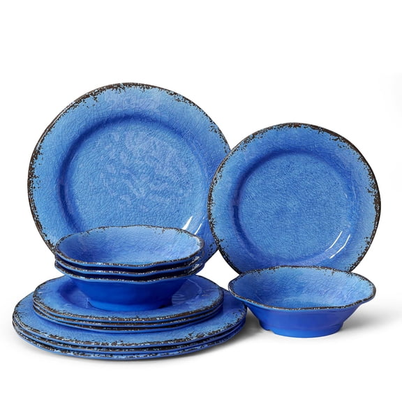 Melamine Dinnerware Set, 12-Piece Dishes Set, Rustic Plates and Bowls Sets, Service for 4, Indoor Outdoor Use, Great for Patio, Camping, RVs (Green)