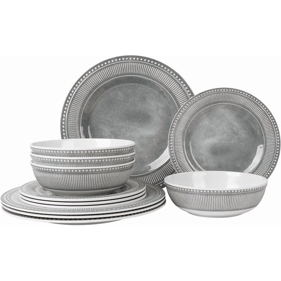 Melamine Dinnerware Set of 12 count, Dinner Dishes Set for Indoor and Outdoor Use, Melamine Plates and Bowls Set for 4, Dishwasher Safe, Lightweight Unbreakable, , Gray