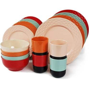 Melamine Dinnerware Set for 4-16 Pcs:Camping Dishes Set with Dinner Plates,Salad Plates,Cups and Bowls.Lightweight and Unbreakable.Indoor and Outdoor Use.