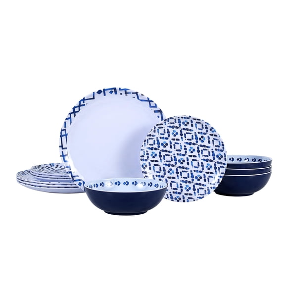 Melamine Dinnerware Set, Blue Grid Stripes, Service for 4