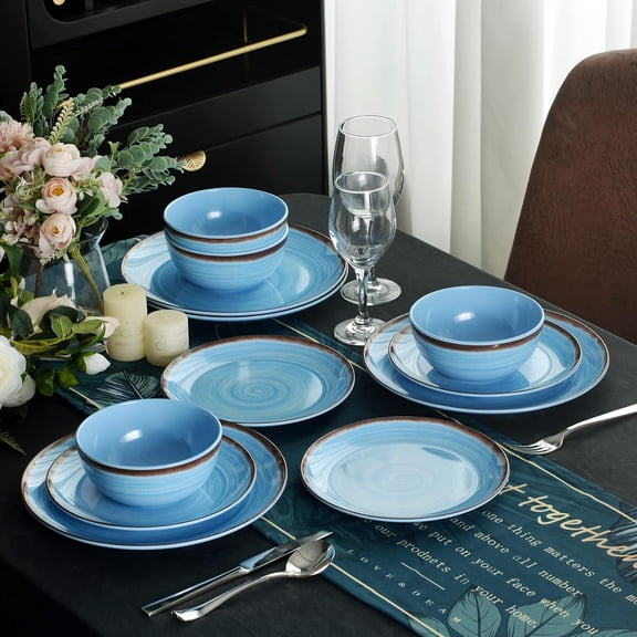 Melamine Dinnerware Set for 4 People 12-Piece Blue Plates and Bowls Dishwasher Safe BPA Free