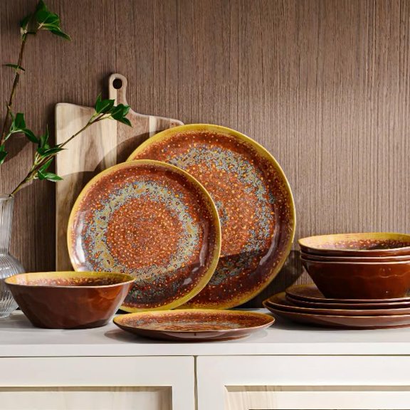 Melamine Dinnerware Set of 12Pcs, Dish Set for 4, Lightweight Unbreakable Plate and Bowl Set for Patio, RV and Camping, Dishwasher Safe,Rusty Brown