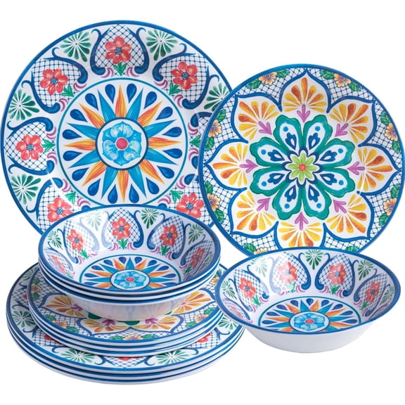 Melamine Dinnerware Sets, 12- Dinner Dishes Set for 4, Durable & Non Breakable Plates Bowls Set, Shatterproof Dishware for Outdoor Dining,Picnic,Camping,RV-Paisley Design