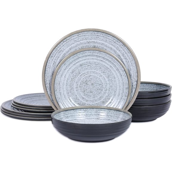 Melamine Dinnerware Sets 12 PCS - Service for 4 Plates & Bowls Sets Dishwasher Top-Shelf Safe, BPA Free Dinner Dishes Set for Everyday Use-Granite Pattern Black Back