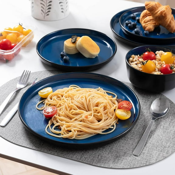 Melamine Dinnerware Sets, 12 Pcs  Plates and Bowls Set, Outdoor Dinnerware RV and Camper Dishes Sets for 4, Kitchen Dishes Set for Entertaining, Black and Blue