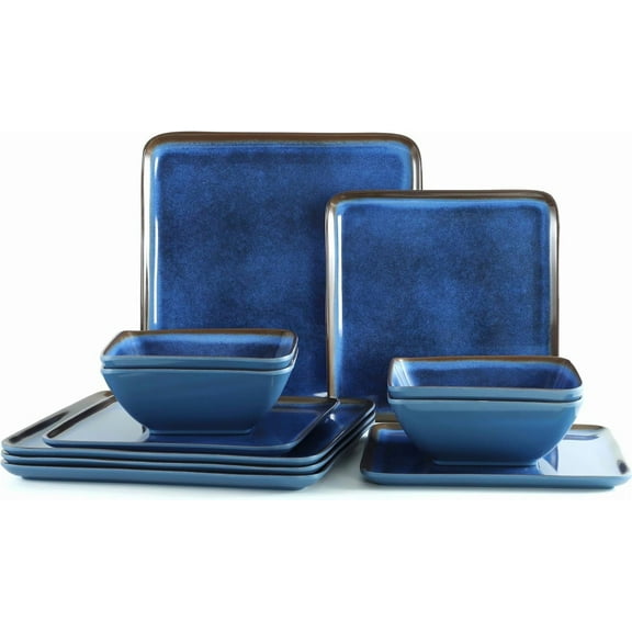 Melamine Dinnerware Sets, 12 Pcs Square Plates and Bowls Sets of 4, Unbreakable Dishes Set for Outdoor Use, Lightweight Dishware Set for Camping,Patio and RV, Dishwasher Safe, Navy Blue
