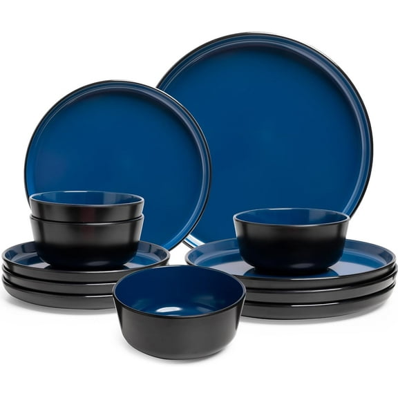 Melamine Dinnerware Sets, 12 Pcs Unbreakable Plates and Bowls Set, Outdoor Dinnerware RV and Camper Dishes Sets for 4, Kitchen Dishes Set for Entertaining, Black and Blue