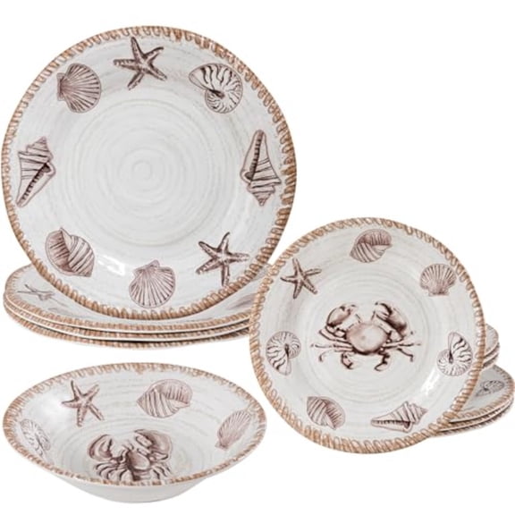 Melamine Dinnerware Sets 12 Piece Rustic Oceanic Theme Outdoor Plates and Bowls Dinnerware Set for Patio Farmhouse Coastal Dishes Dinnerware Set of 4 Great for Camper RV Multicolor