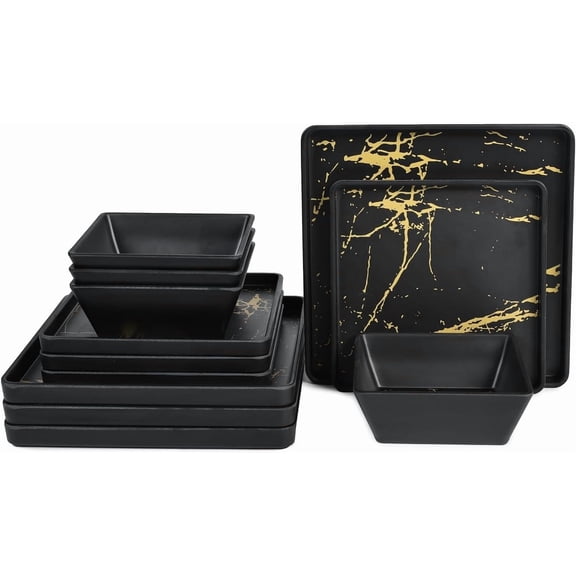 Melamine Dinnerware Sets - 12 count Square Plates and Bowls Sets For 4, Indoor Outdoor Use, Dishwasher Safe, Black &