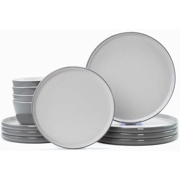 Melamine Dinnerware Sets, Dishware Sets for 4, 12 Pcs Plate and Bowl Set with Lipped Edges, Lightweight Dish Set for Camping,Dishwasher Safe,Good for Housewarming(Light Grey,White)