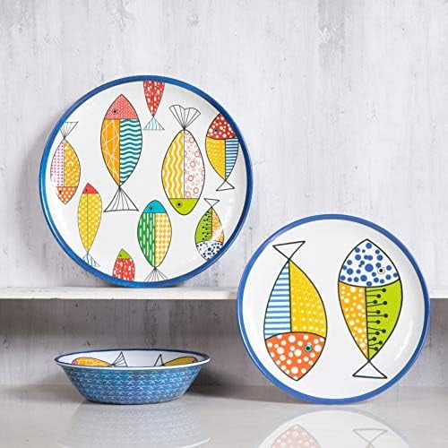 Melamine Dinnerware set for 4, Plates and Bowls Sets, Great for Camper, RV, Indoors Outdoors Use with Ocean Printed, Unbreakable