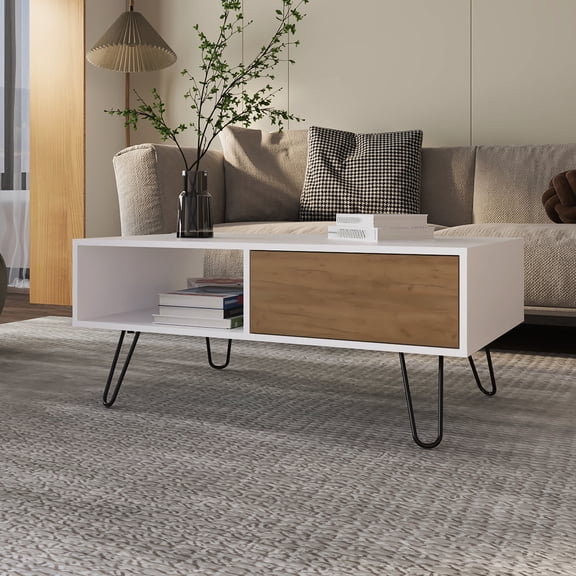 Melamine Filled - Spacious Drawer and Top Shelf Decor - Living Area - Hairpin Legs Design Coffee Table