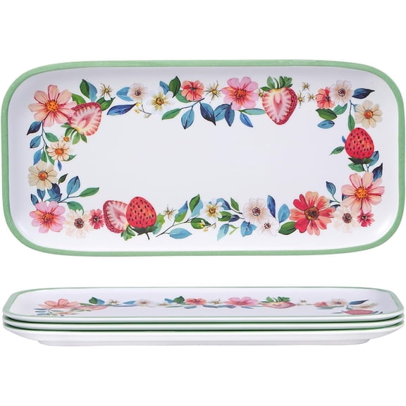 Melamine Serving Platters Set of 4, 14"x7" Rectangular Strawberry Floral Trays for Parties & Outdoor Entertaining, Accident-proof & Lightweight Plates for Busy Households, Dishwasher Safe