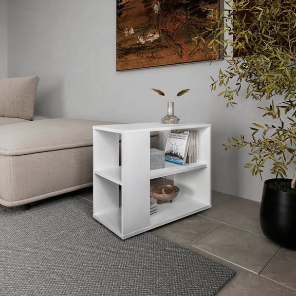 Melamine Side Table in White - Open Storage and Rectangular Shape