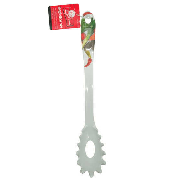 Melamine Spaghetti Server, Durable Plastic, Comfortable Curved Handle with Hanging Hole, Dishwasher Safe, Perfect for Pasta, Serving Foods, Colorful Essential, White, Green Handle