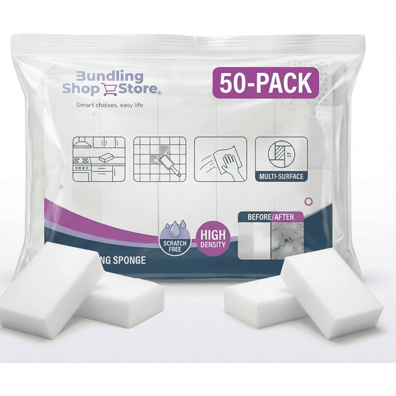 Melamine Sponge- Cleaning Pads 50 Count, High Density, Scratch Free Sponges (3.93in X 2.36in X 0.78in) for Kitchen, Bathroom, Tiles, Walls & Multi-Surface Cleaning