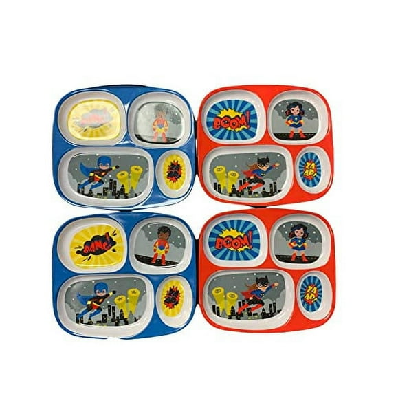 Melamine Superhero Girl and Boy Children's 4 Sectioned Rectangle Divided Plate Set - Set of 4
