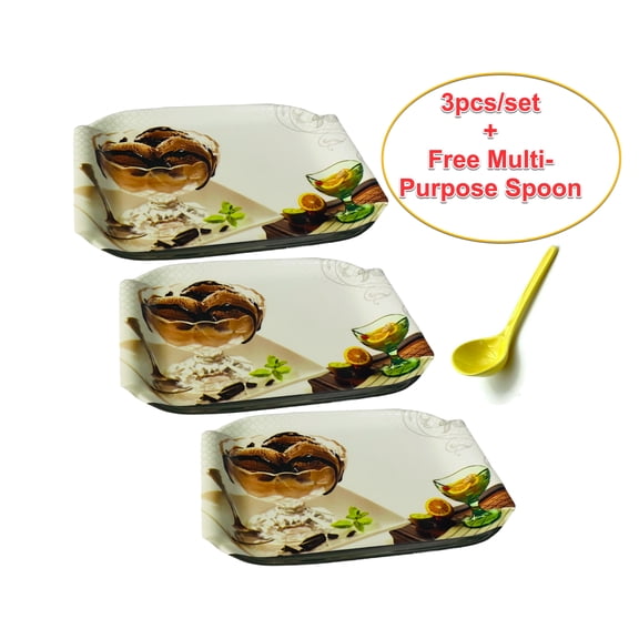 Melamine Tidbit Serving Trays for Sushi, Cake Slice, Tarts, Pies, Cream Puffs Rectangular with Modern Attractive Designs 10" x 6.5" Each 3pcs/Set and a Free Sauce/Salsa Spoon (Icecream)