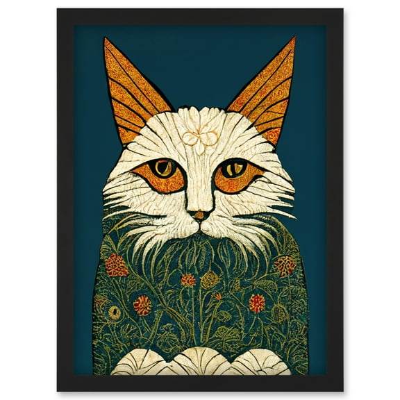Melancholy Moggie Cat Illustration William Morris Style Teal Gold Artwork Framed Wall Art Print A4