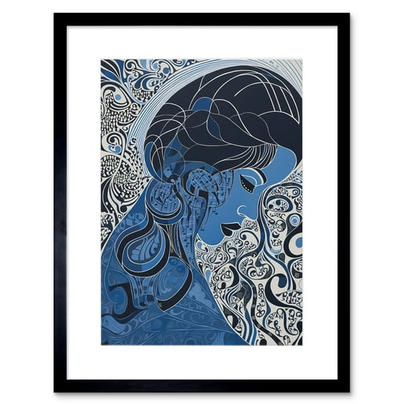 Melancholy in Blue Woman Modern Folk Art Portrait Artwork Framed Wall Art Print 9X7 Inch