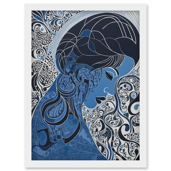 Melancholy in Blue Woman Modern Folk Art Portrait Artwork Framed Wall Art Print A4