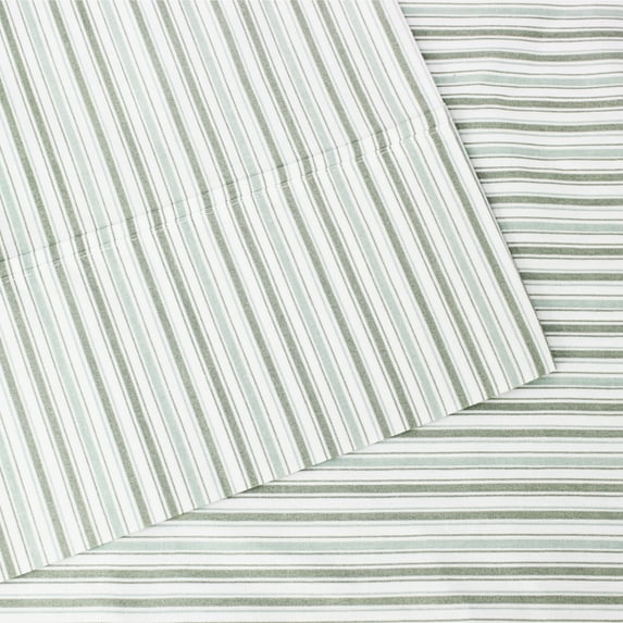 Melange Home Bedford Lane Shirt Stripe Percale Cotton Sheet Set Green - Queen