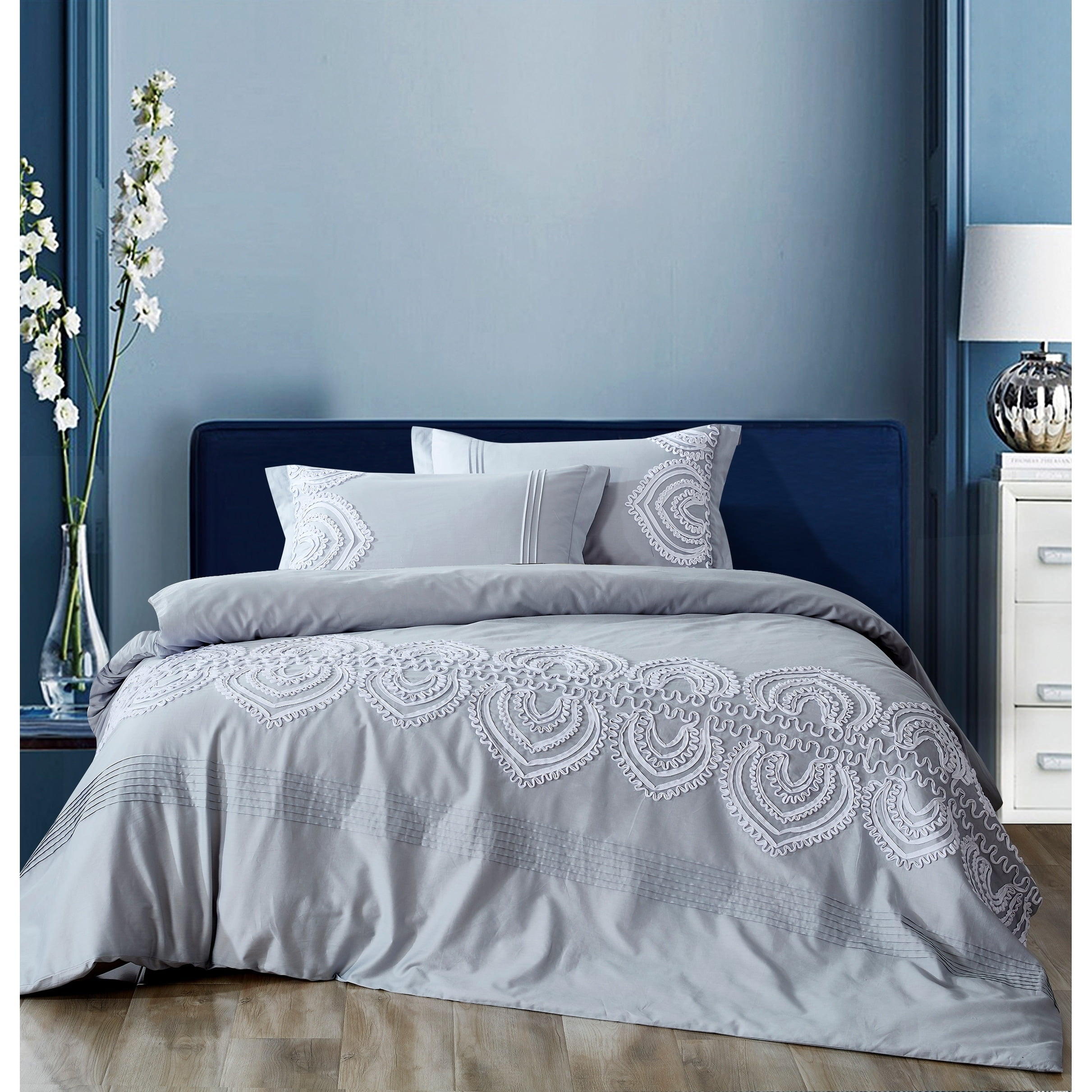 Gray Embroidered Cotton Full/Queen Duvet Set