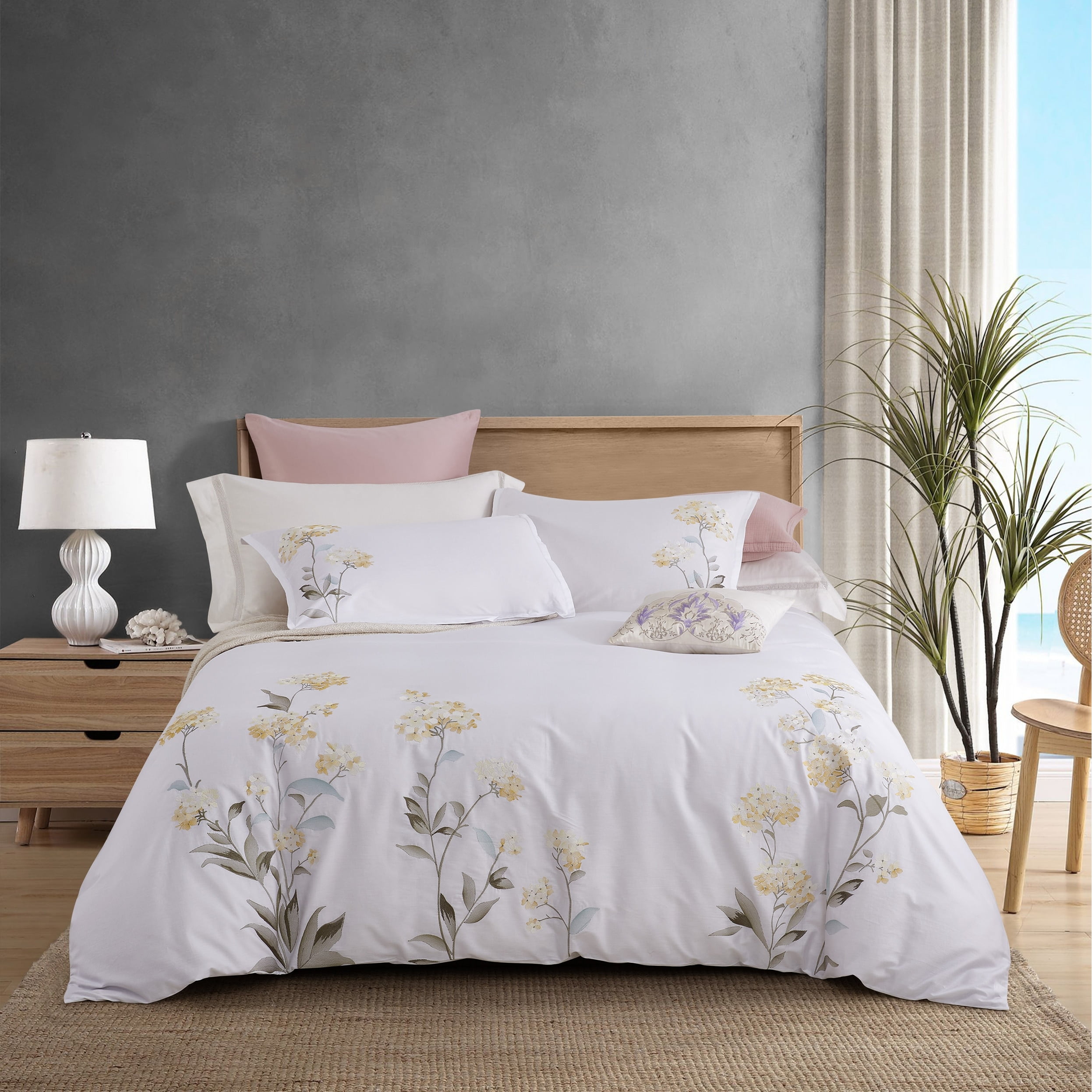 Yellow Floral Embroidered Cotton Full/Queen Duvet Set