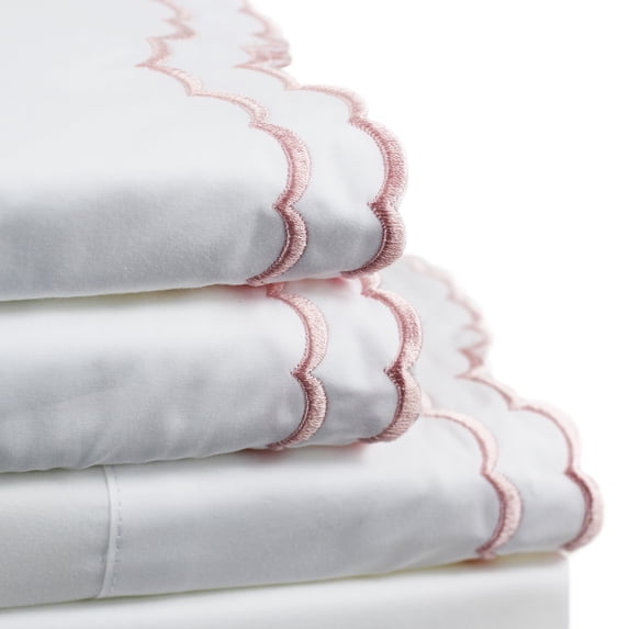 Melange Home Percale Cotton Double Scalloped Embroidered Crisp Sheet Set California King - Rose