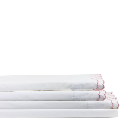 Melange Home Percale Cotton Double Scalloped Embroidered Crisp Sheet Set King - Rose
