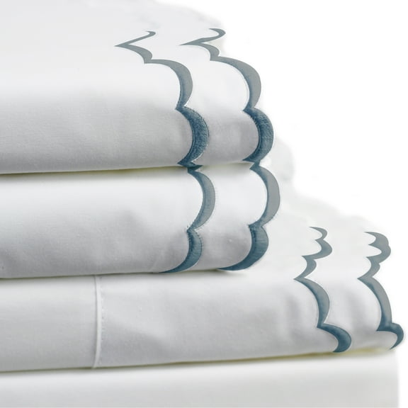 Melange Home Percale Cotton Double Scalloped Embroidered Crisp Sheet Set Twin - Navy