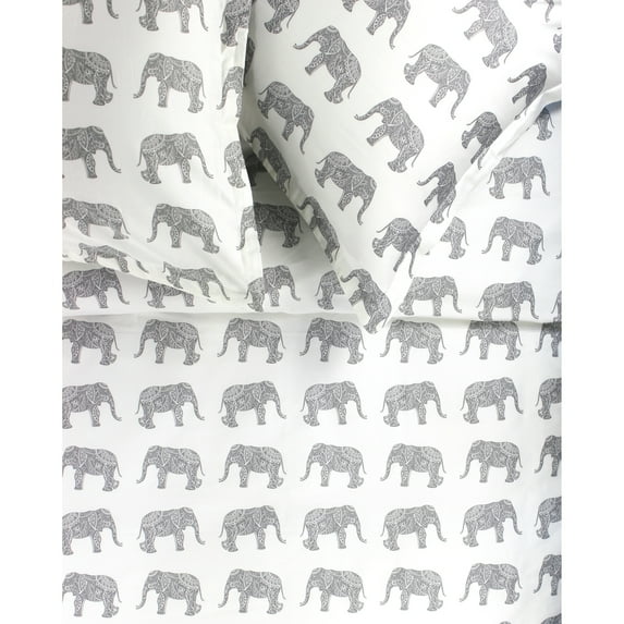 Melange Home Printed Design Cotton Collection 400 Thread Count Elephants Printeded Duvet Set - 4 Color Grey Queen