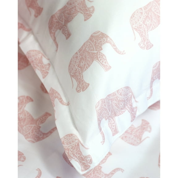 Melange Home Printed Design Cotton Collection 400 Thread Count Elephants Printeded Duvet Set - 4 Color Pink Queen